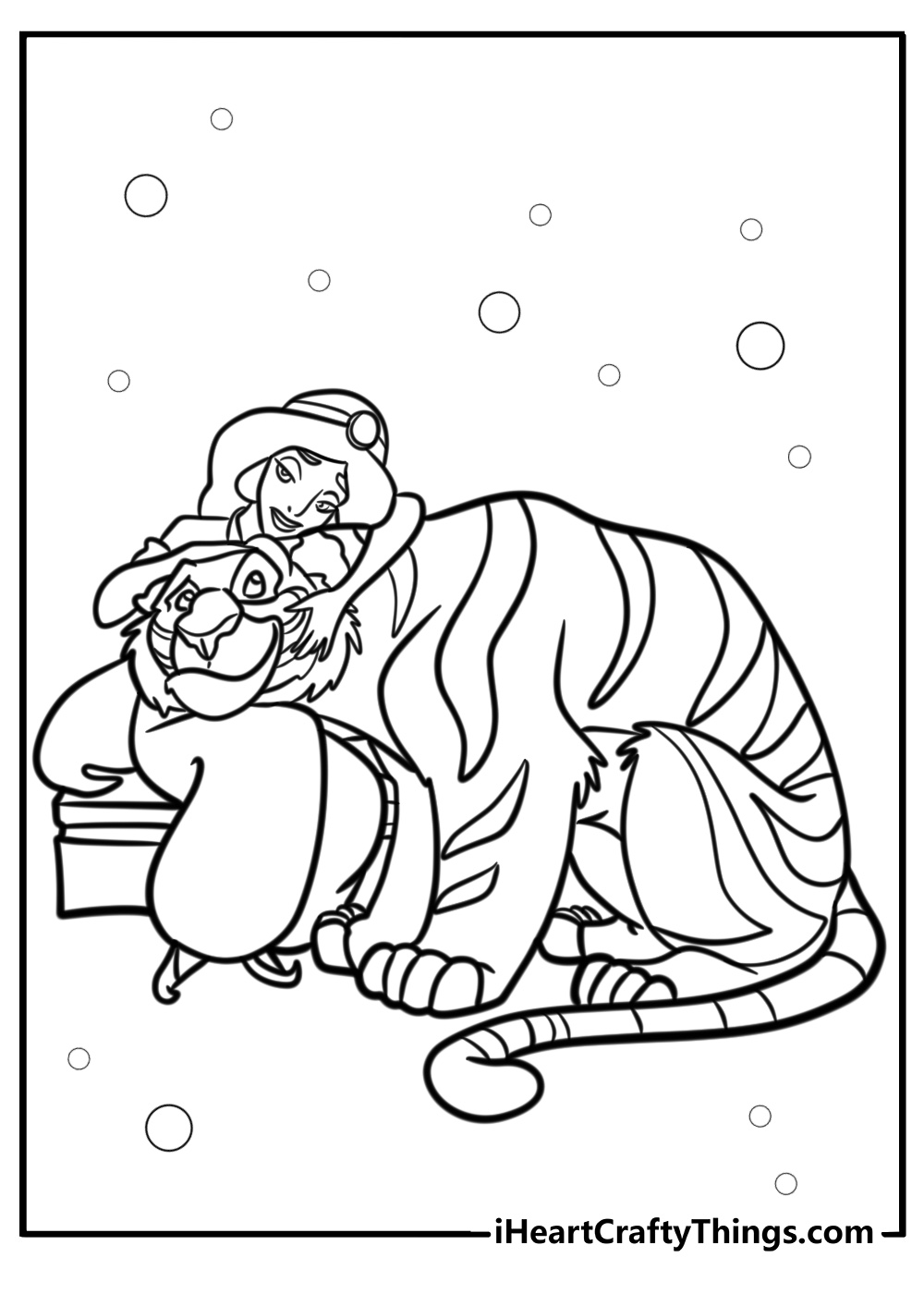 Jasmine and Rajah sitting together detailed coloring sheet