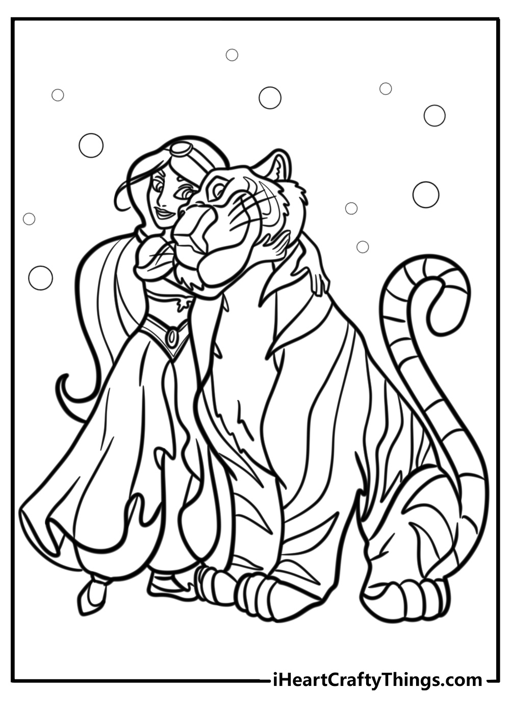 Jasmine holding her pet tiger Rajah free coloring page PDF