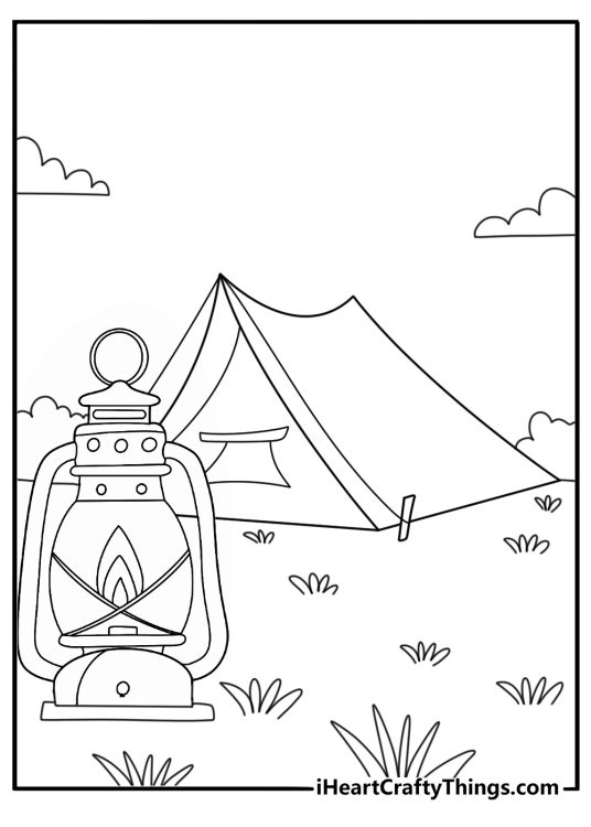 Jungle campsite with tent and lantern easy printable coloring page
