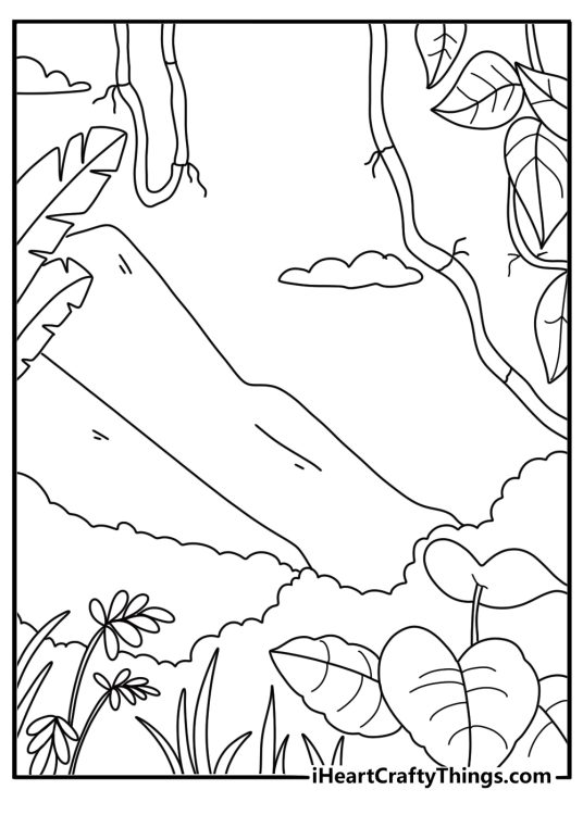 Jungle canopy view with vines and big leaves easy coloring page for kids