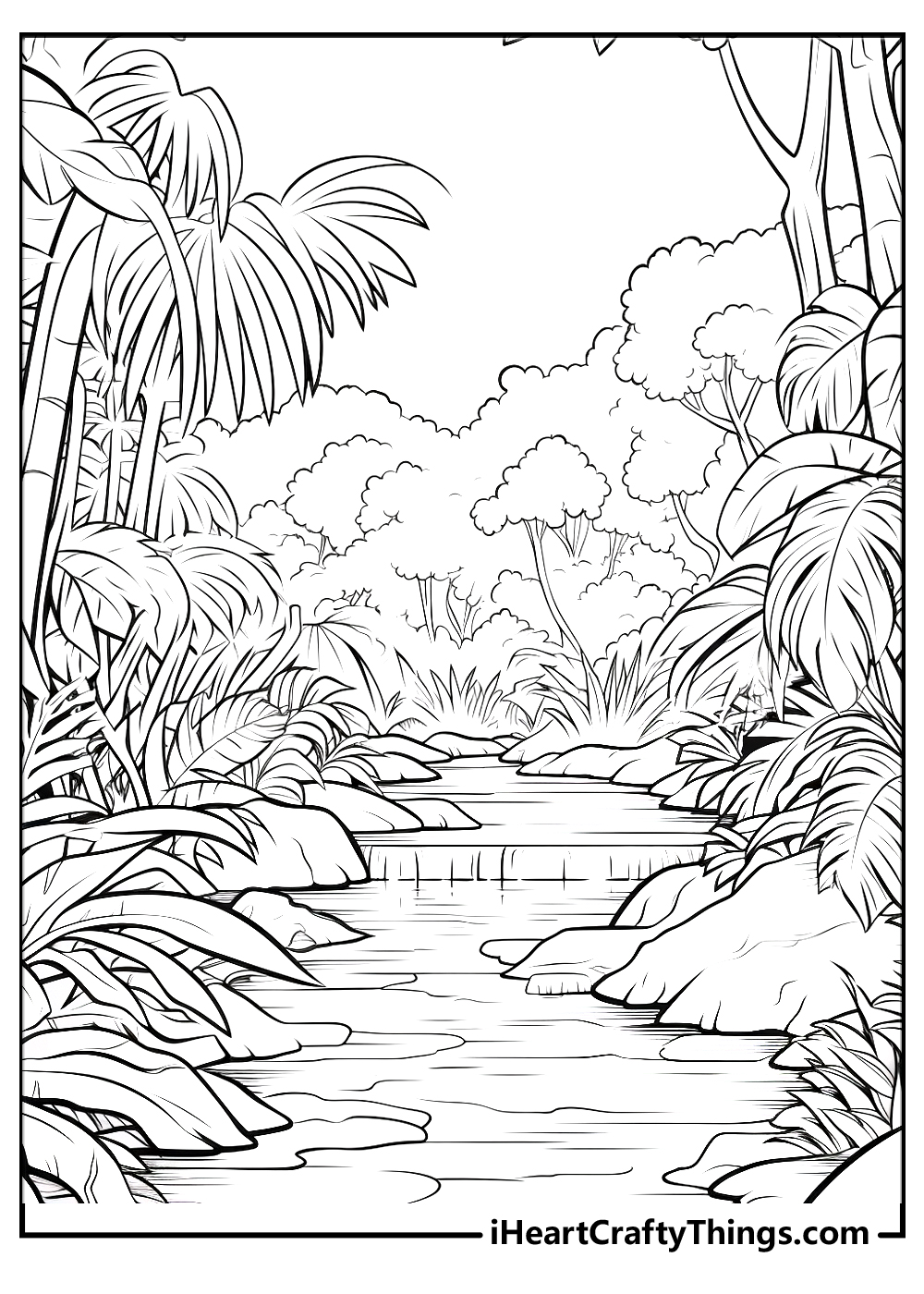 Free printable coloring page for adults featuring detailed scene of the jungle with a river in the center