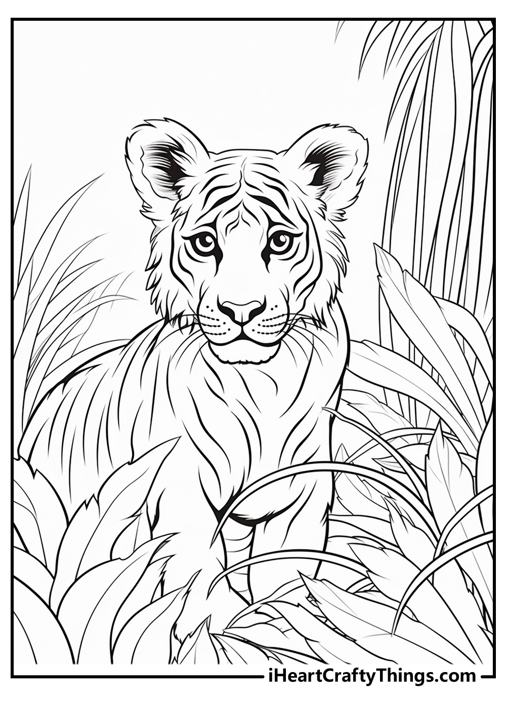 Detailed coloring sheet of an adult tiger appearing among the greenery in the jungle