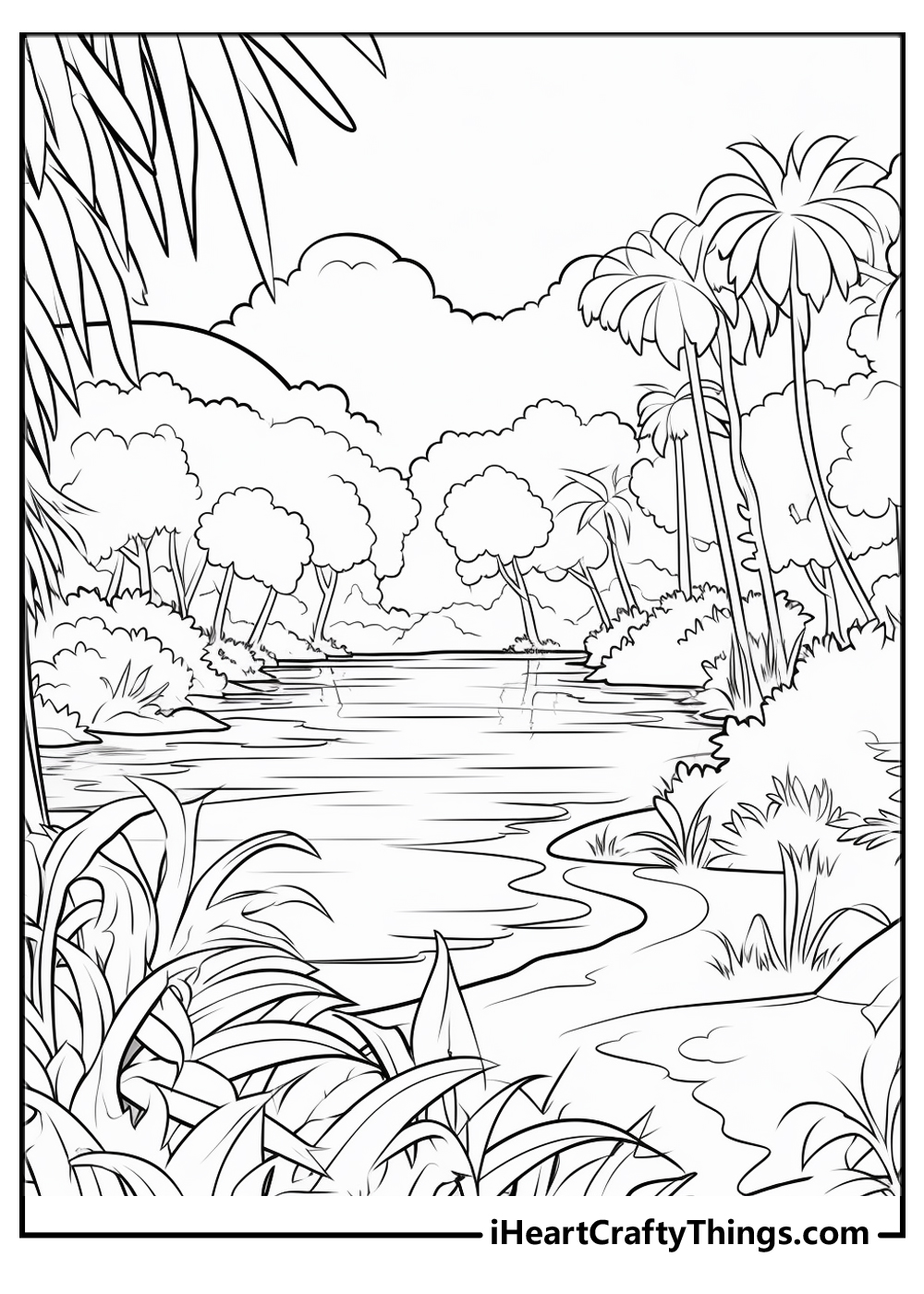 Detailed peaceful jungle scene with a river in a middle surrounded by various plants free printable for kids