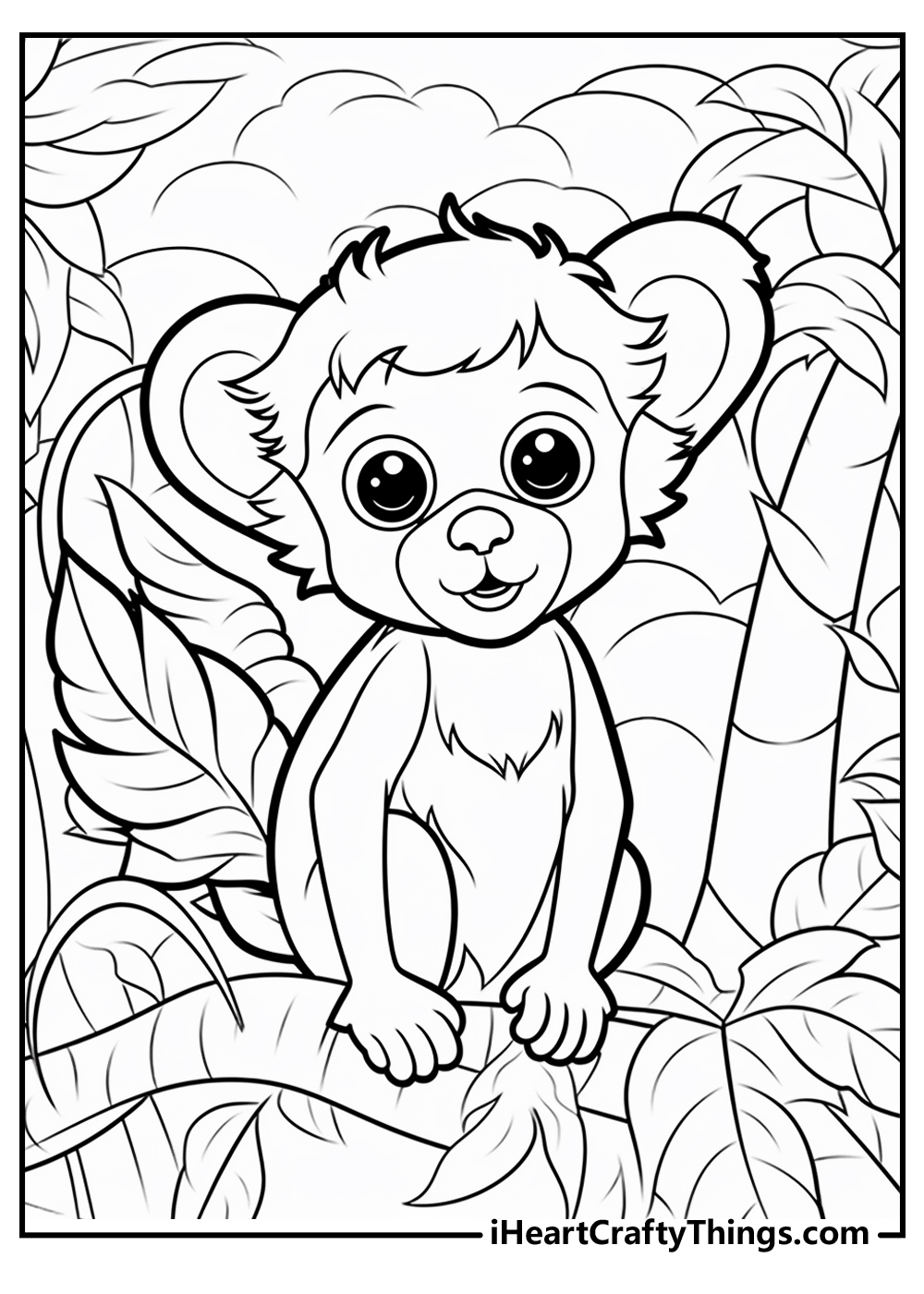 Jungle-themed coloring page featuring an adorable little monkey sitting on the tree branch in the jungles