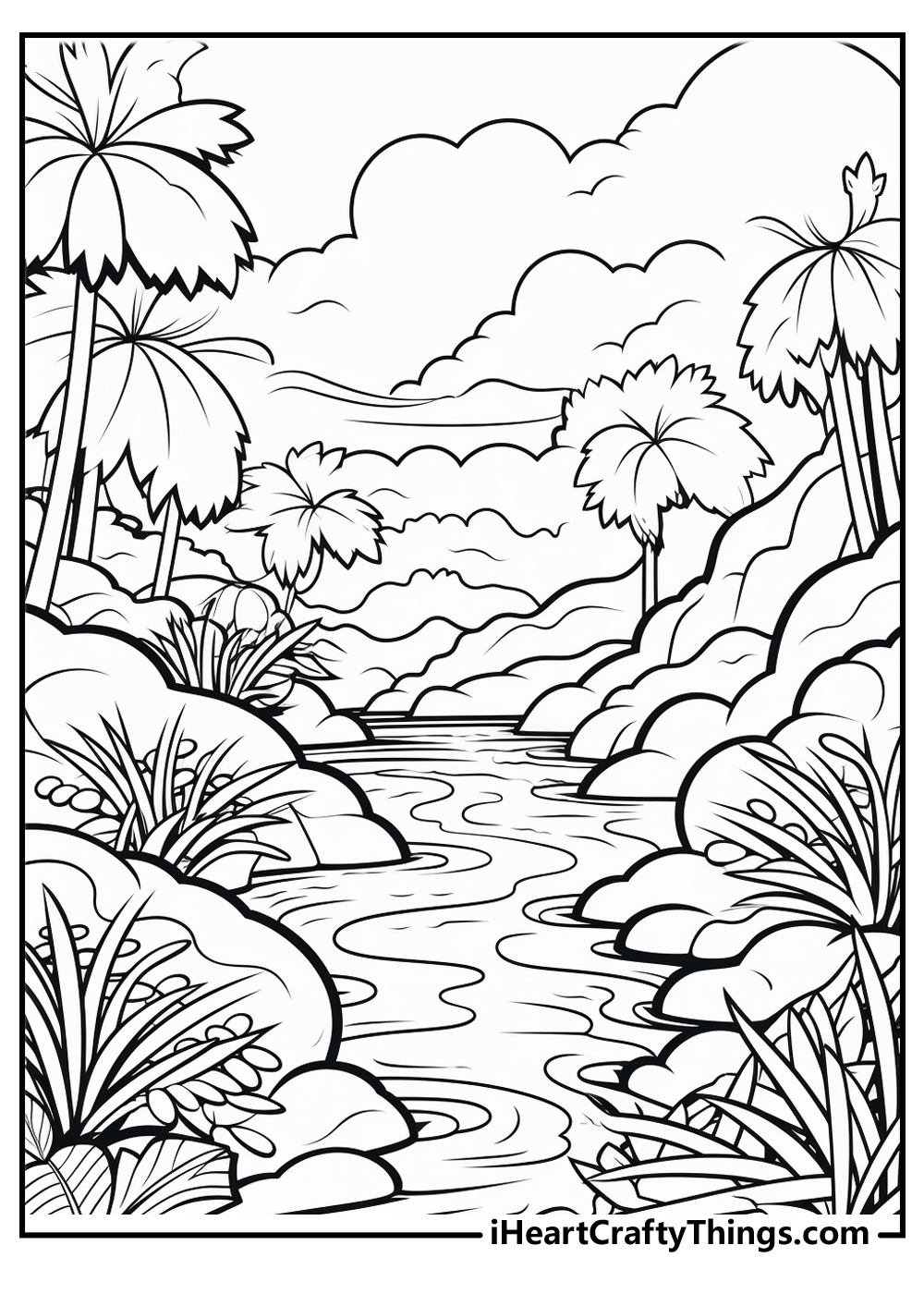 Jungle-themed printable featuring river surrounded by rocks, palms and other plants