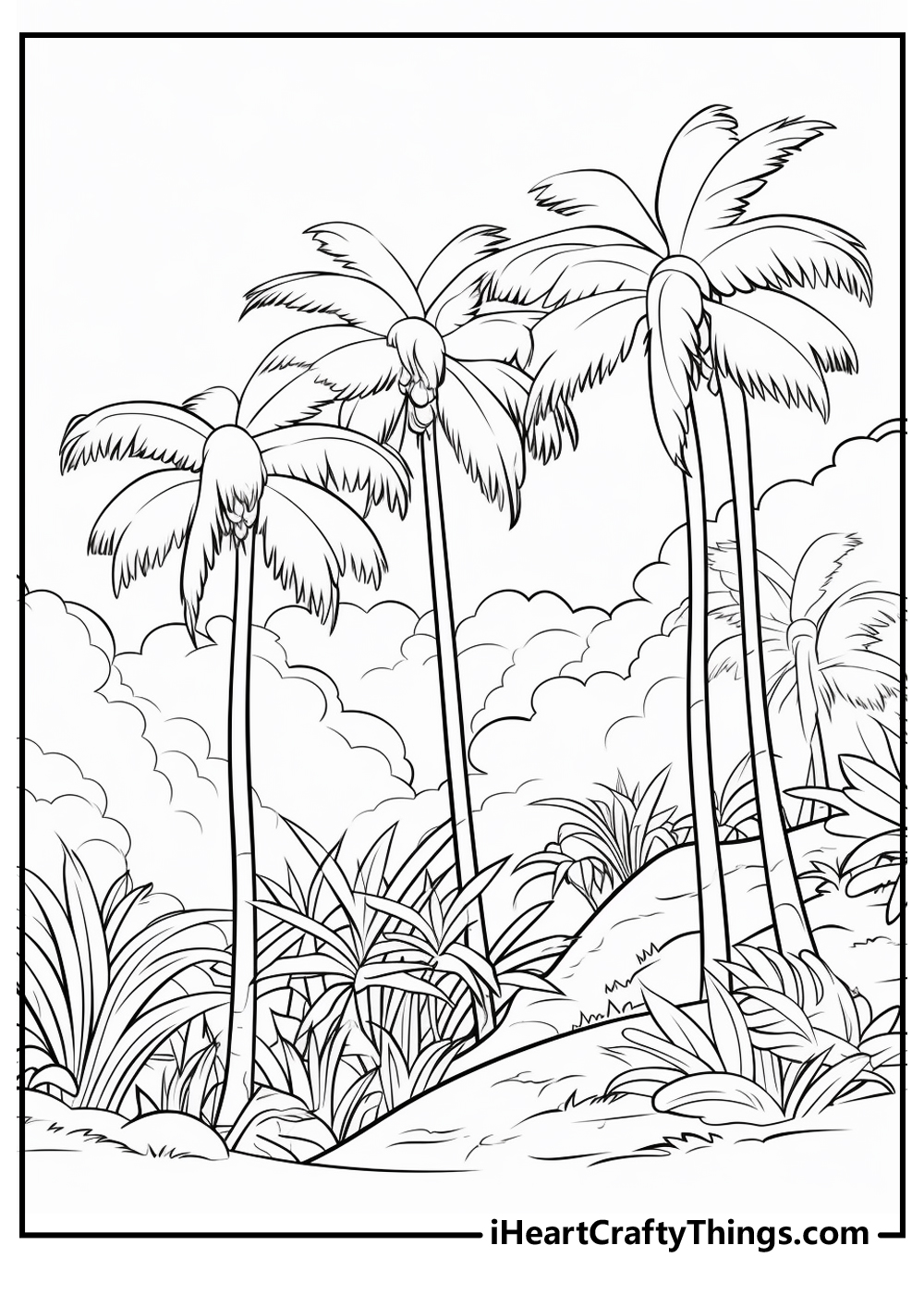 Printable coloring sheet feauturing three tall coconut palm trees in a tropical forest