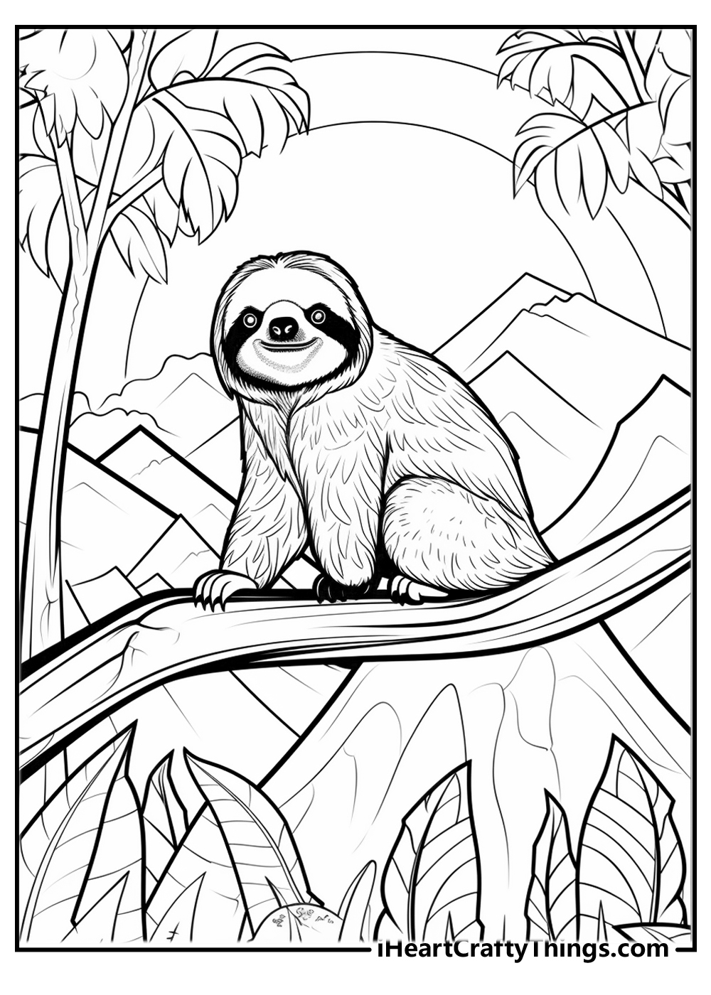 Free pdf to print featuring chilled sloth sitting on a tree branch in the middle of jungles with mountains in the background