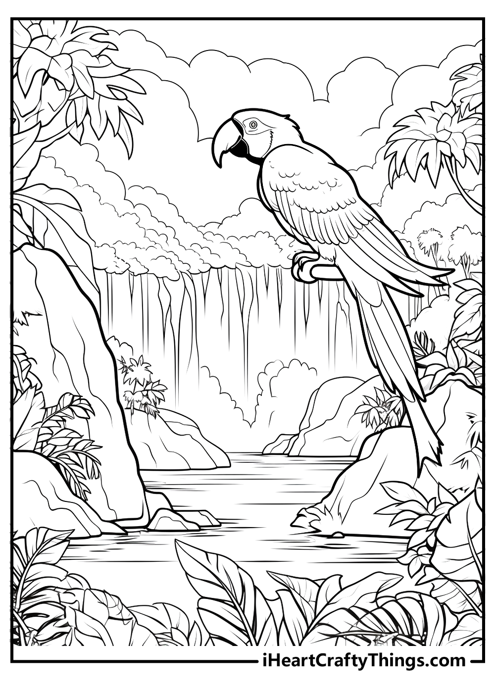 Printable coloring page for kids featuring jungle scene with a macaw in the center