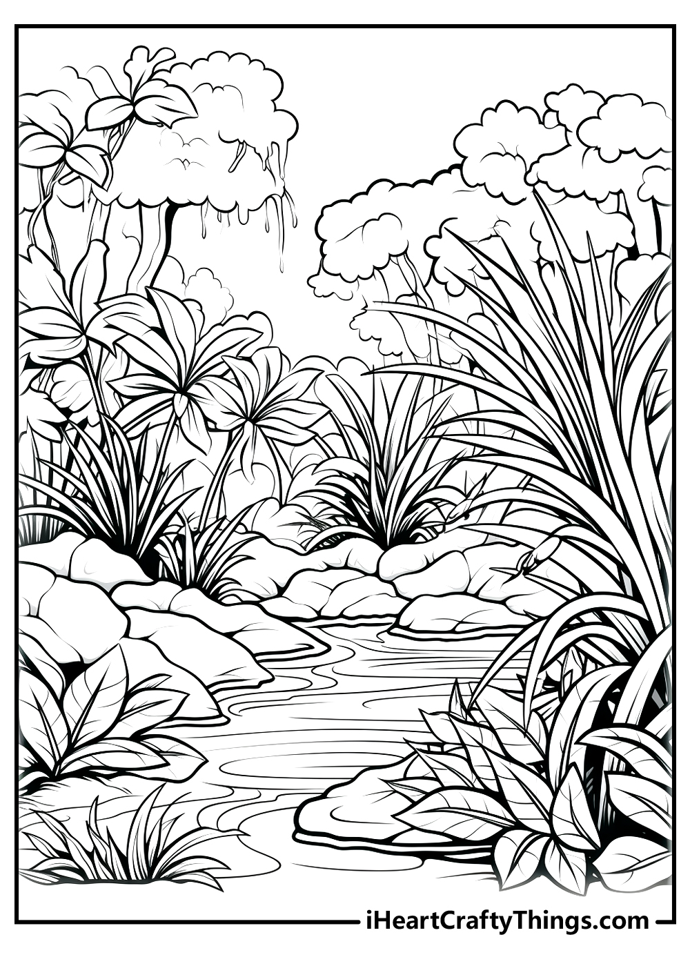 Jungle-themed coloring page featuring a river surrounded by a wide variety of different plants