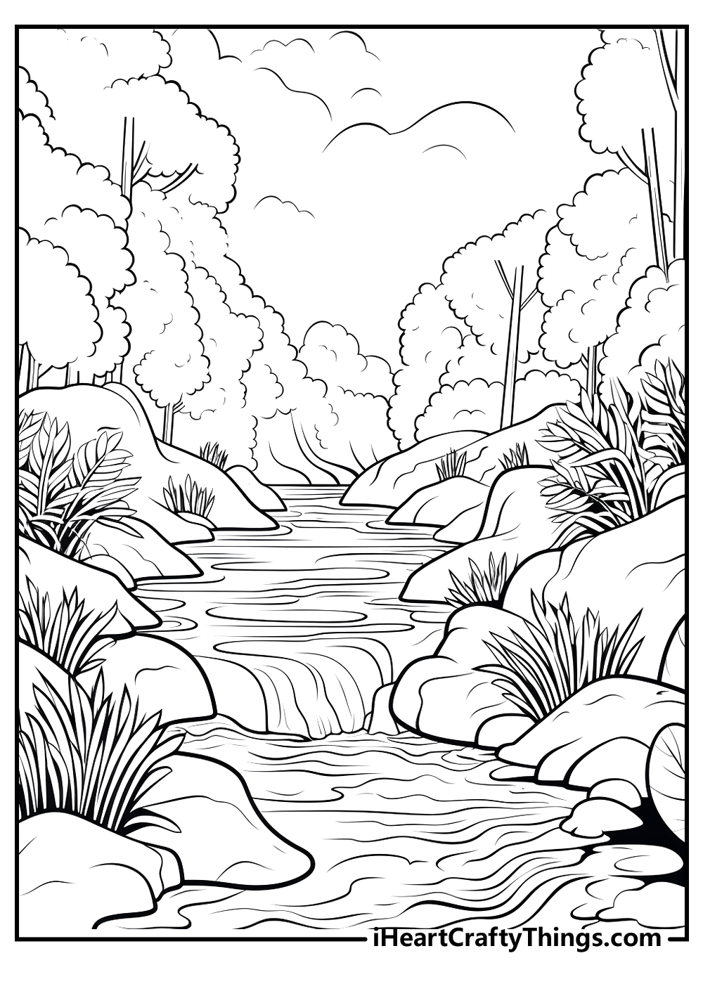 Printable pdf to color of a jungle scene with a river in the center, rocks on the sides and forest in the background