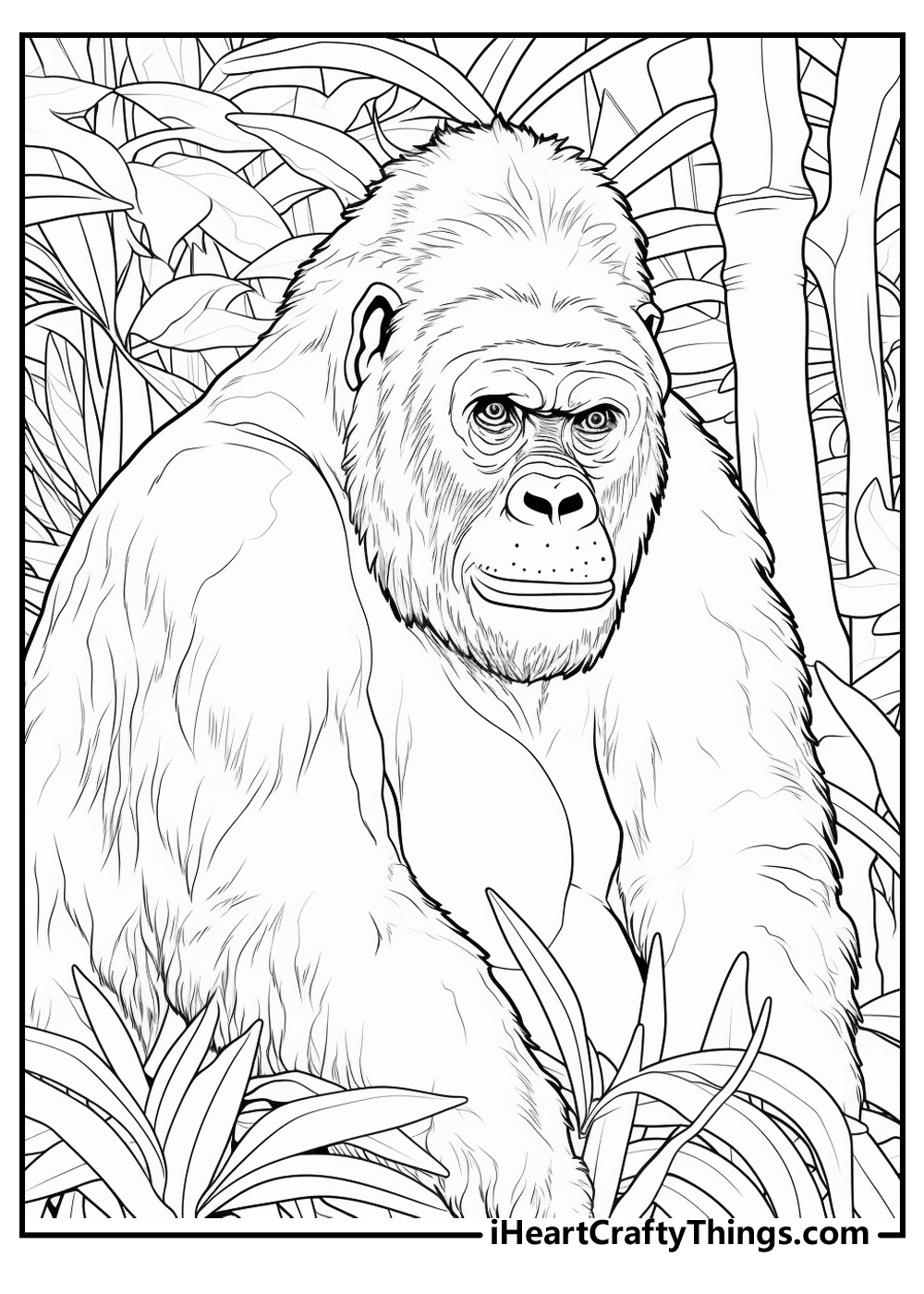 Detailed printable portrait of a wise-looking gorilla surrounded by jungle greenery