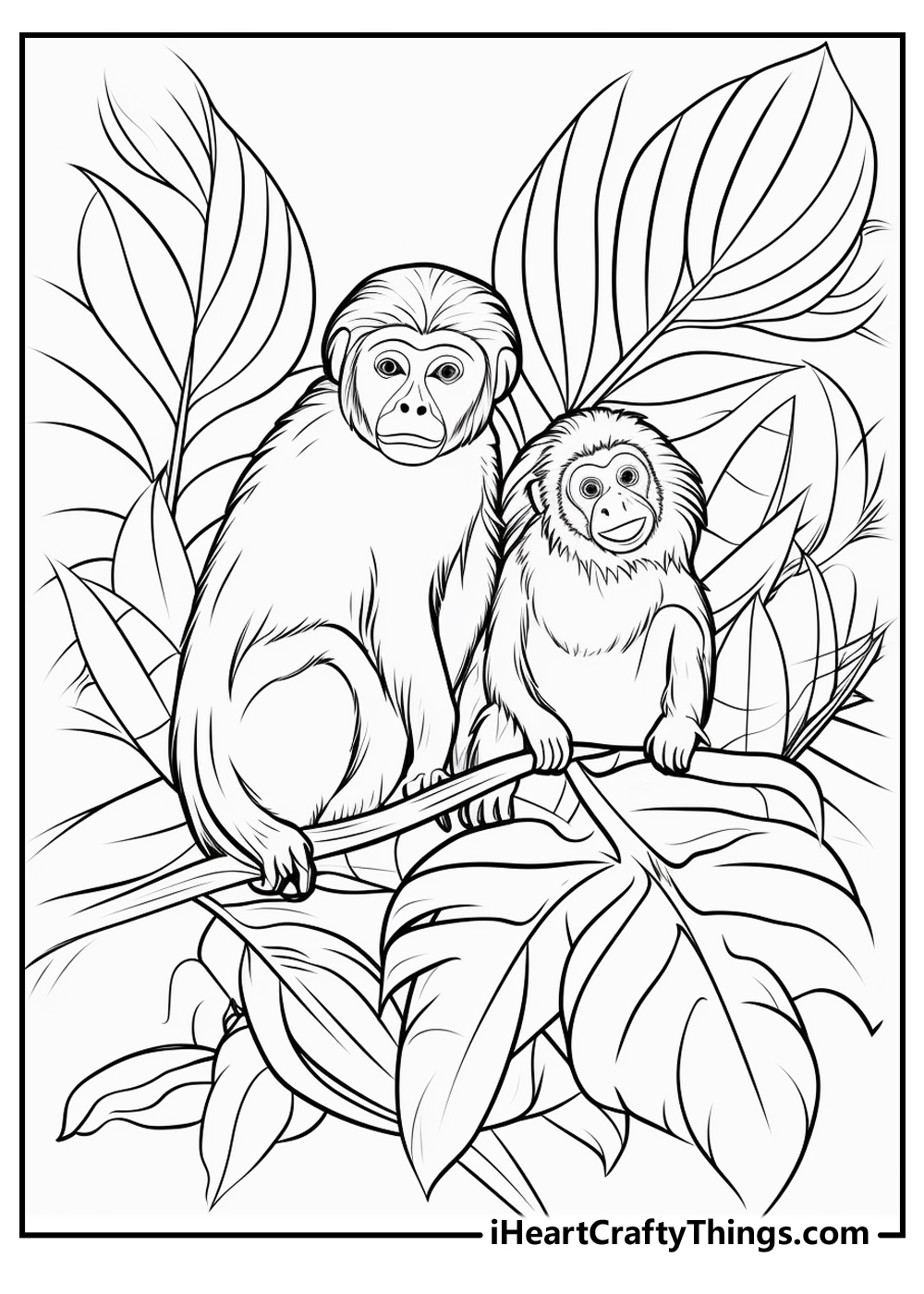 Coloring page of a baby monkey with its parent sitting on a tree branch surrounded by greenery