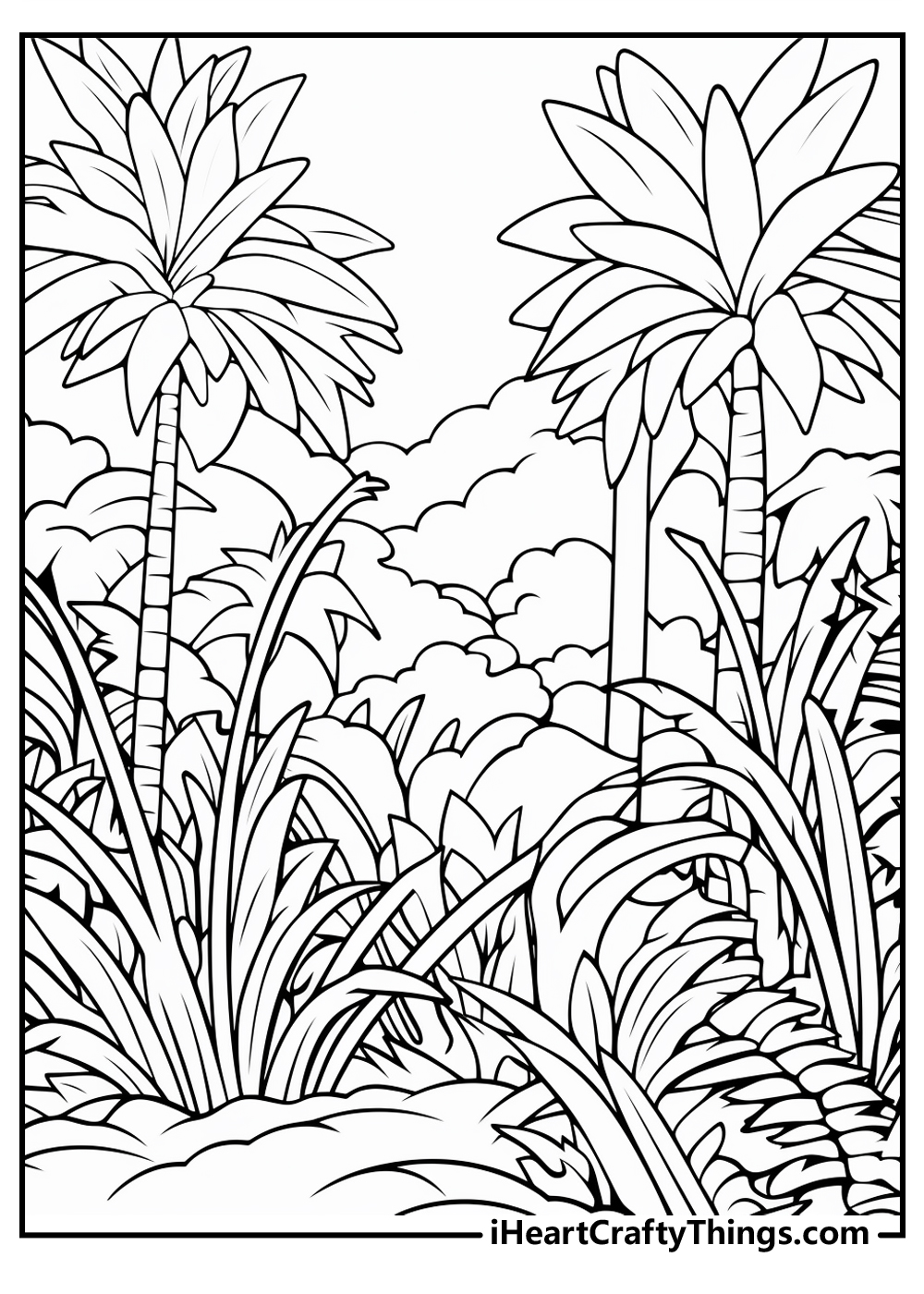 Detailed coloring page for children of a jungle with a large palm on the left and right sides