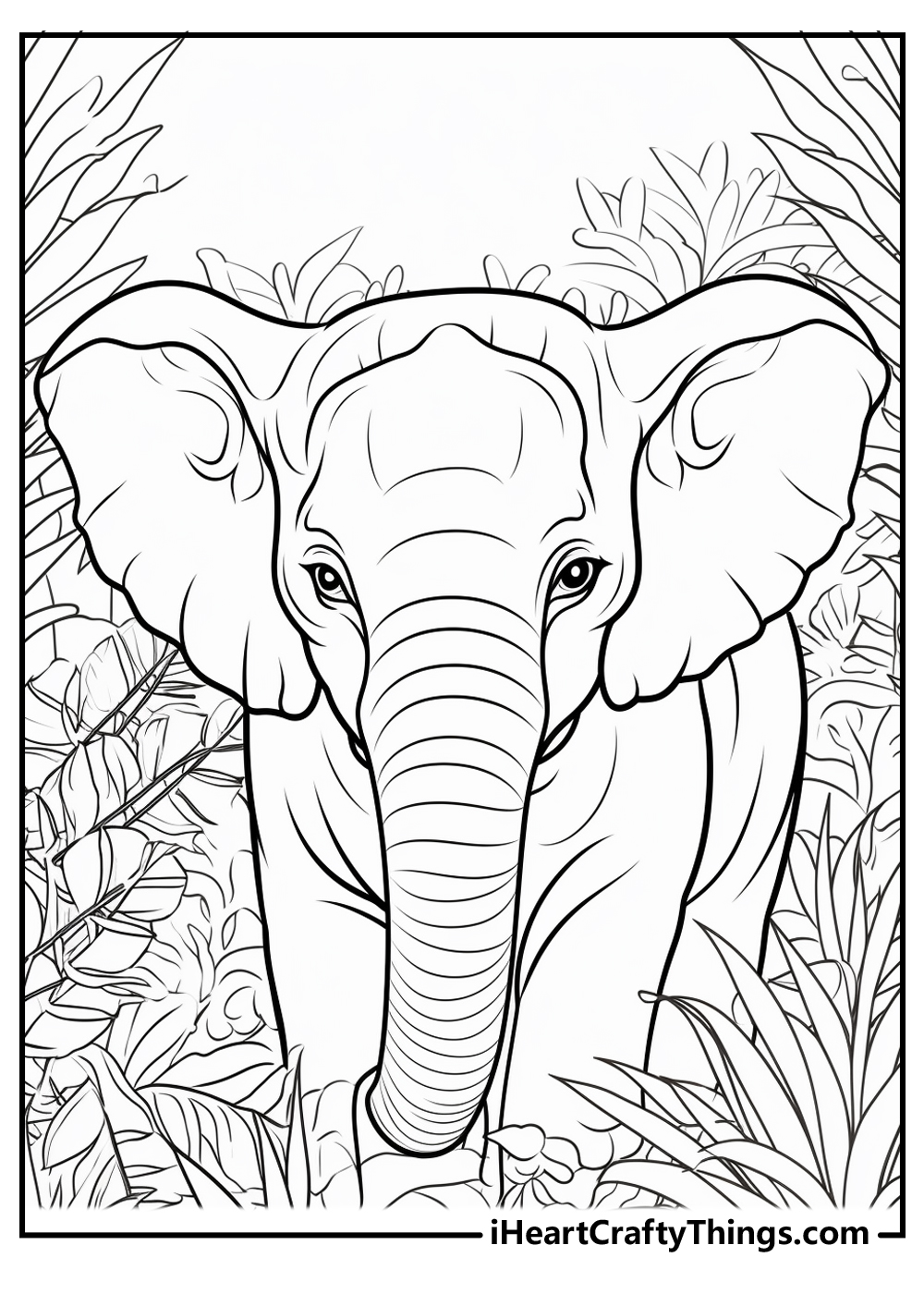 Free printable sheet for kids of a large elephant in a middle of jungles surrounded by greenery