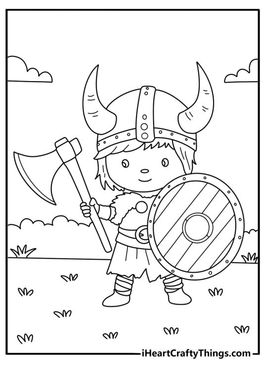 Kawaii Viking boy coloring page with fur cloak and round shield