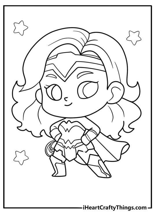 Kawaii Wonder Woman chibi style with star skirt cute coloring page for kids
