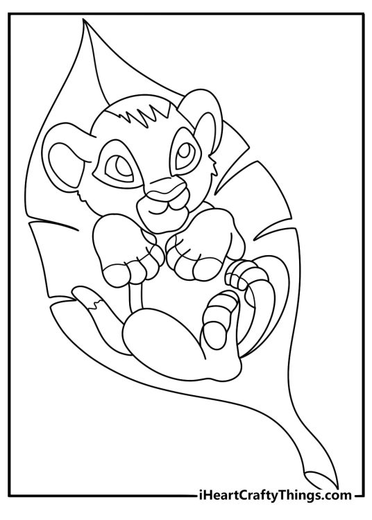 Kawaii baby Simba sleeping in leaf cradle cute coloring page printable for toddlers