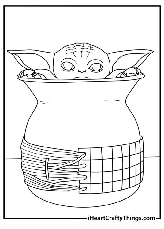 Kids can color Baby Yoda hiding inside a large clay pot