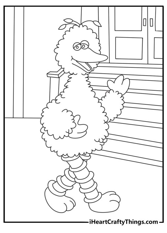 Kids can color Snuffy walking beside Big Bird near the neighborhood steps
