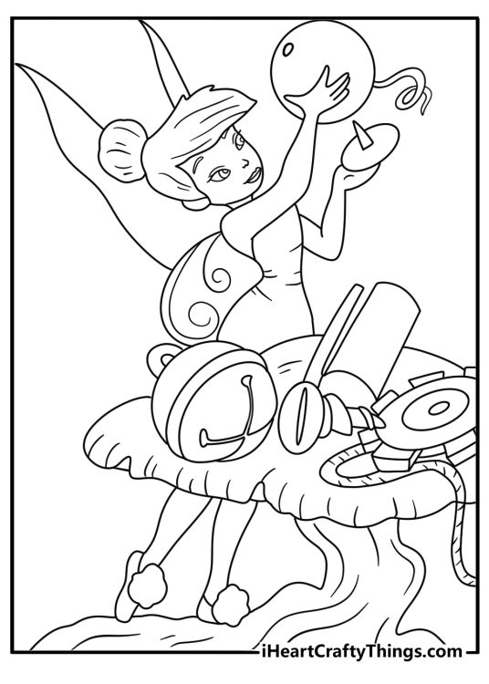 Kids can color Tinker Bell building a small cart from lost things