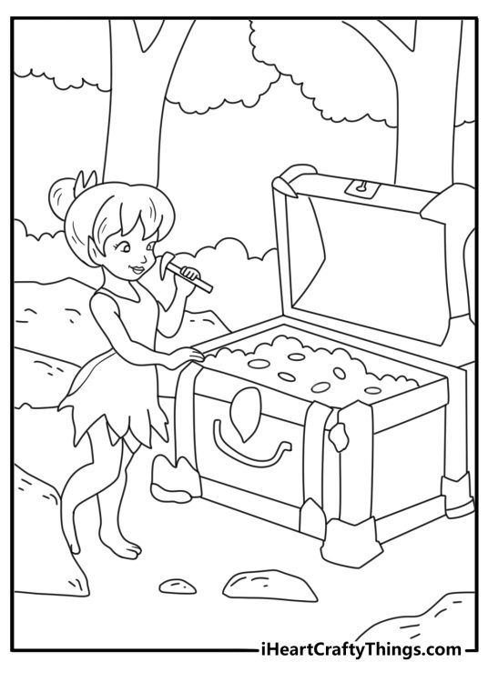 Kids can color Tinker Bell opening a wooden chest of tiny tools