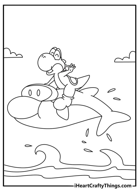 Kids can color Yoshi riding on a friendly dolphin
