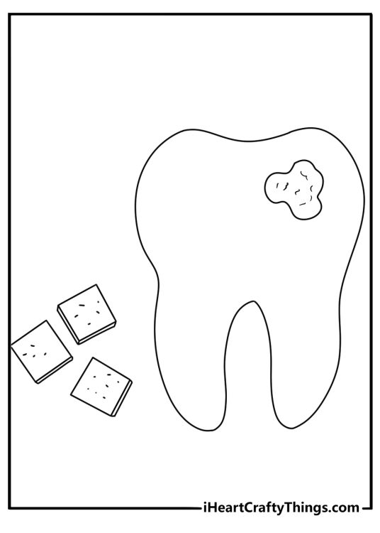Kids can color a cavity tooth beside sugar cubes