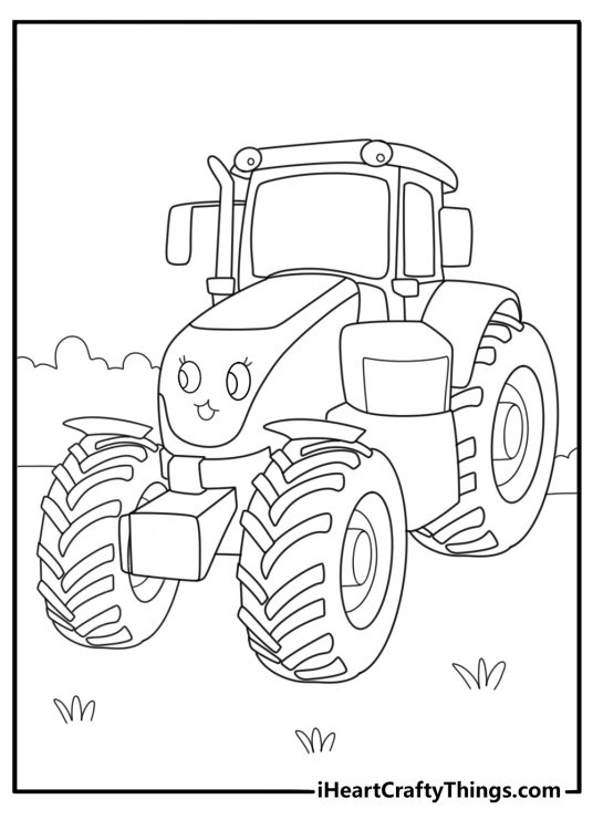 Kids kawaii tractor with friendly face and small trailer cute coloring page