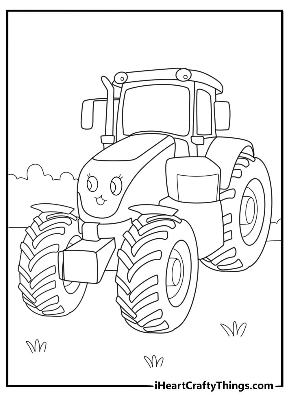 Kids kawaii tractor with friendly face and small trailer cute coloring page