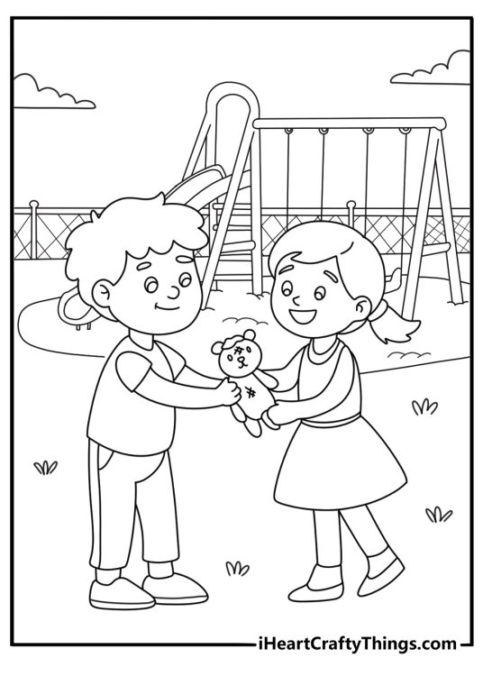 Kindness coloring page child returning lost teddy bear to toddler on playground detailed printable for adults