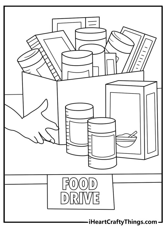 Kindness coloring sheet family leaving a box of canned food at community pantry easy pdf download