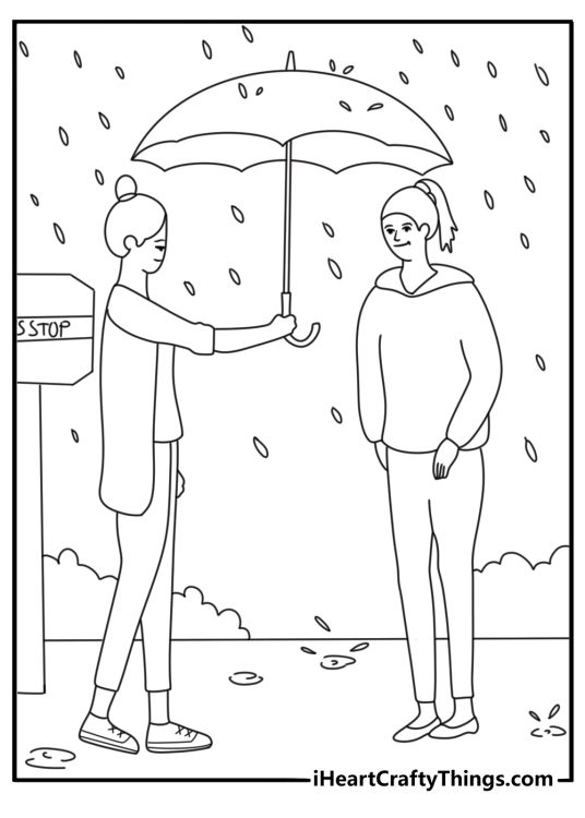 Kindness coloring sheet girl sharing umbrella with friend at bus stop for kids cute download