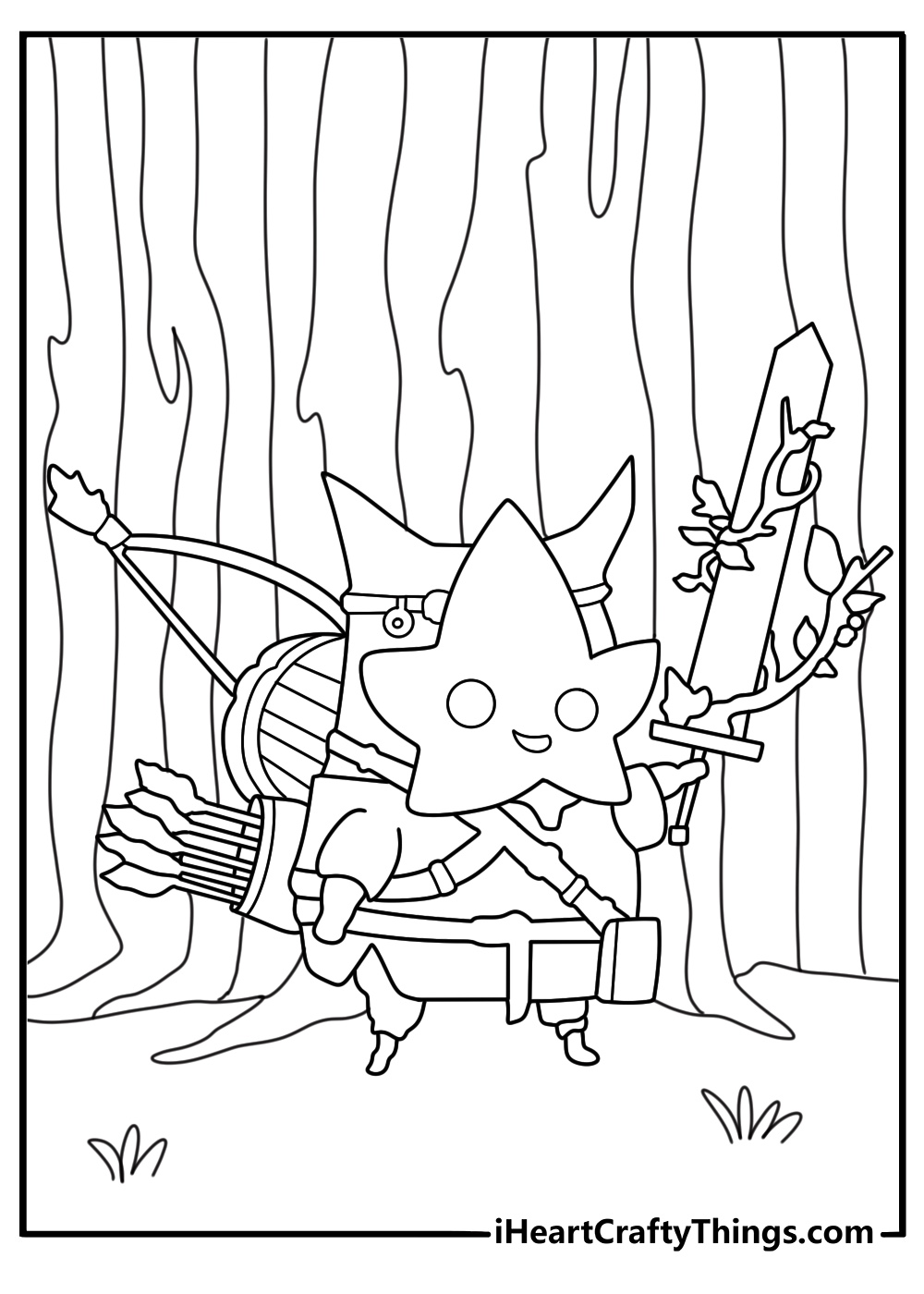Korok with leaf mask peeks near Great Deku Tree easy coloring page for kids printable