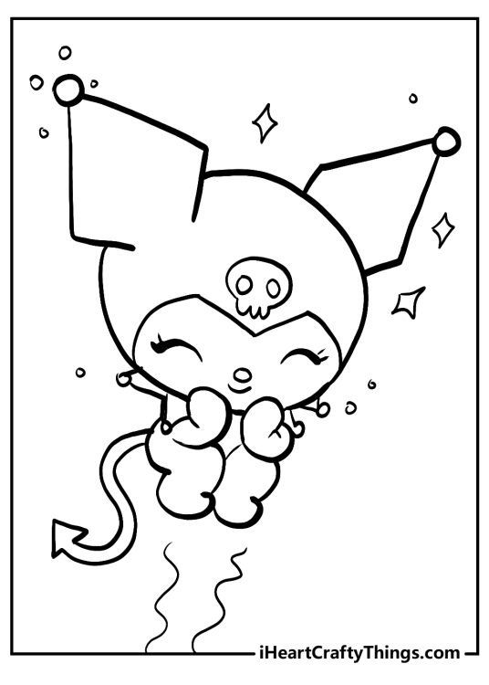 Kuromi giggling with glee with closed eyes surrounded by some sparkly shapes free pdf to color