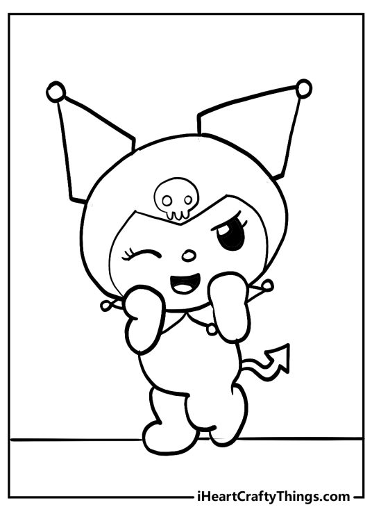 Printable coloring sheet for kids featuring excited Kuromi winking with opened mouth