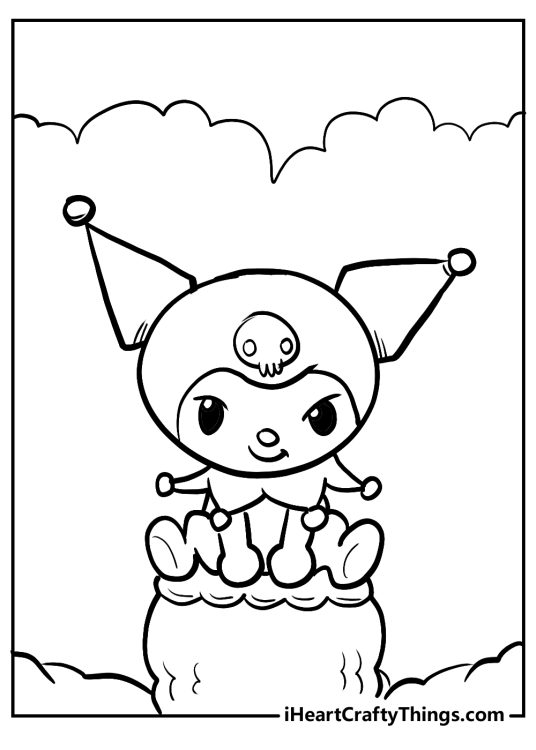 Coloring page featuring Kuromi sitting on a platform with some clouds above her