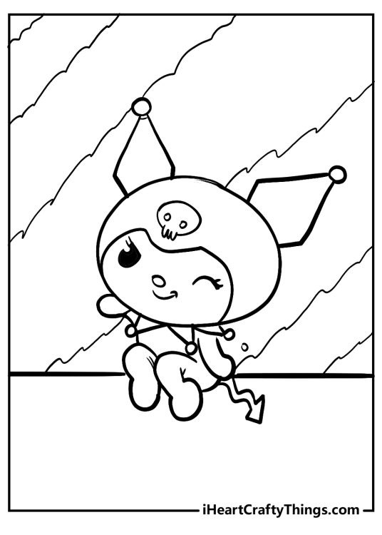 Printable pdf for children featuring cheerful winking Kuromi with background separated into sections