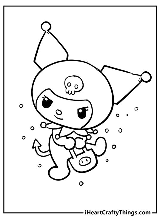 Printable page to color of a Kuromi carrying a little bag surrounded by small bubbles