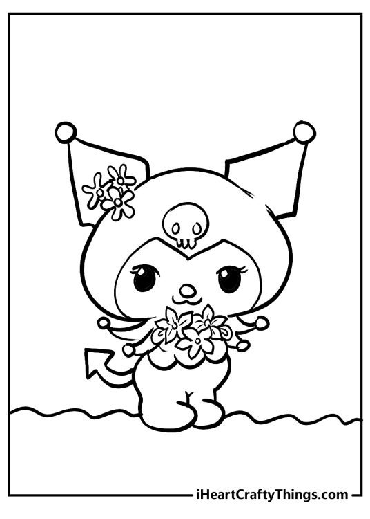 Detailed black-and-white coloring picture for kids of a Kuromi holding some flowers