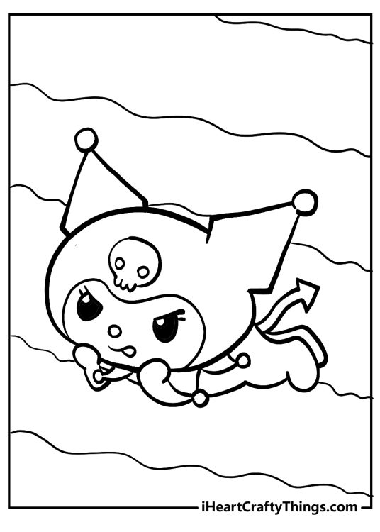 Kuromi flying high in the sky free black-and-white printable coloring poster for children