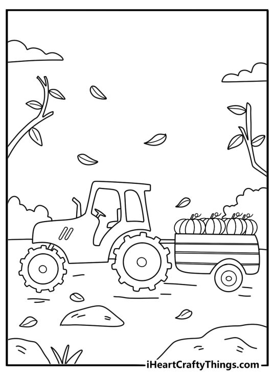 Lawn tractor pulling cart of pumpkins fall harvest coloring page