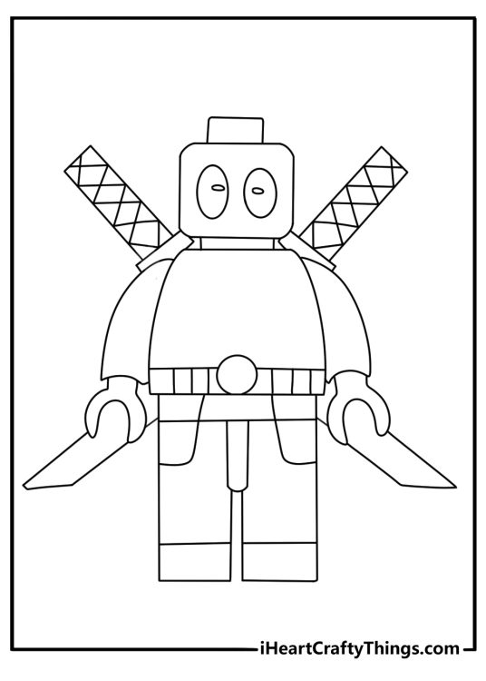 Lego Deadpool coloring page with block figure hero and twin katanas