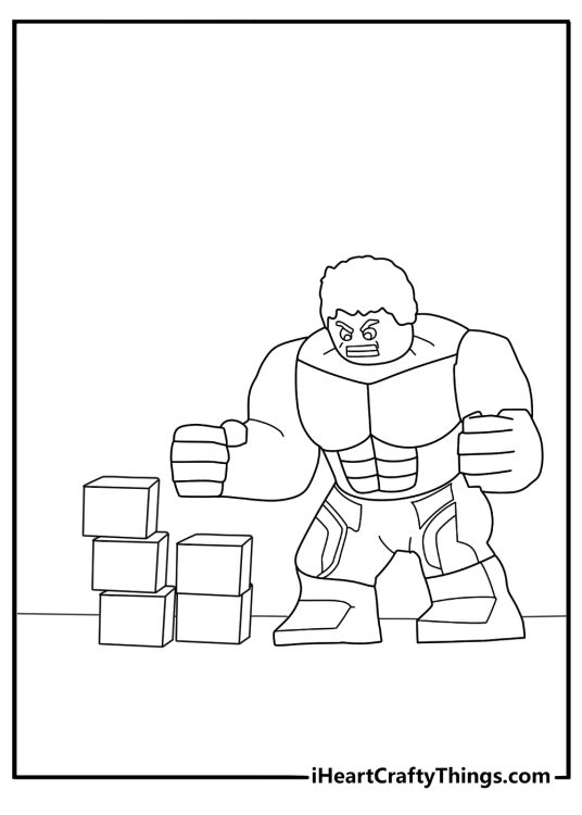 Lego Hulk coloring page with blocky Hulk smashing a stack of bricks