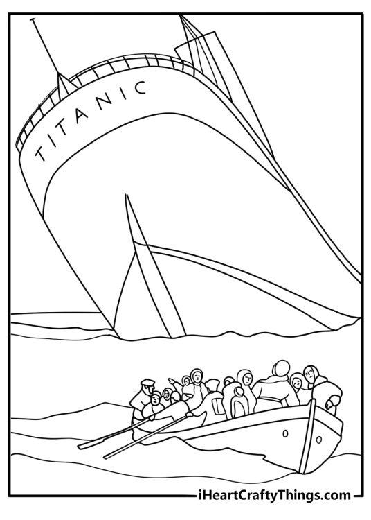 Lifeboat at dawn with rescue ship on the horizon Titanic printable coloring page
