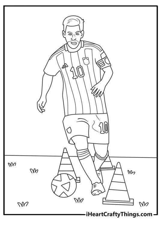 Lionel Messi coloring page with Messi dribbling past cones on a training field