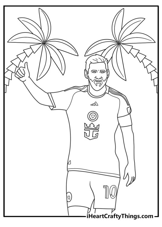 Lionel Messi coloring page with Messi wearing Inter Miami kit near palm trees