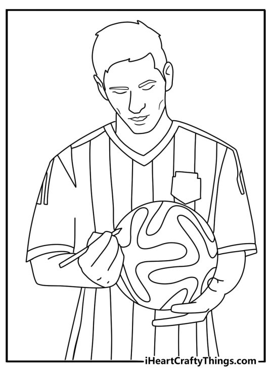 Lionel Messi coloring pages scene with Messi signing a soccer ball for a fan