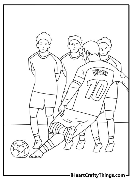 Lionel Messi coloring printable with Messi doing a free kick over a wall