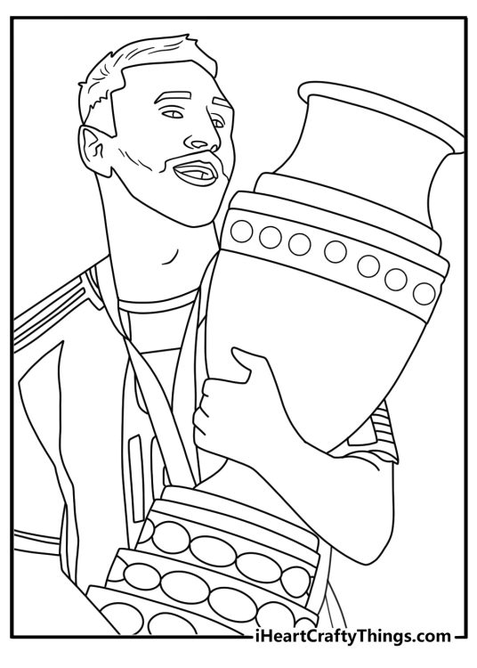 Lionel Messi coloring printable with Messi hugging a soccer trophy