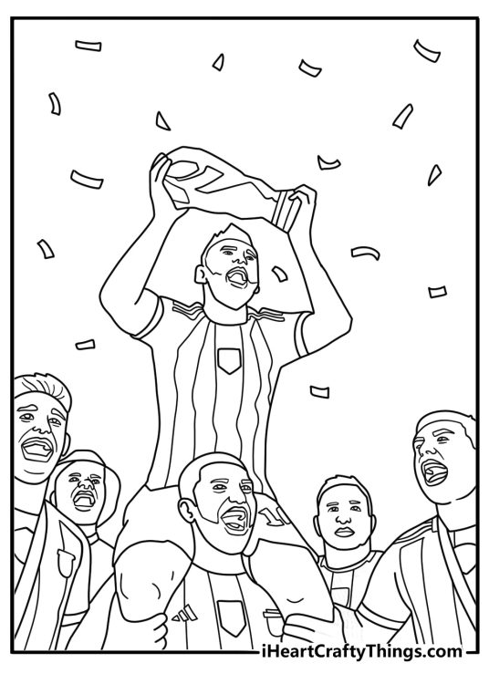 Lionel Messi coloring sheet with Messi celebrating with Argentina teammates